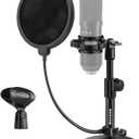 BILIONE Multifunctional Desktop Microphone Stand, Adjustable Mic Stand Desk with Pop Filter, Shock Mount, Microphone Clip, 5/8" to 3/8" Metal Screw Adapter (Round base)