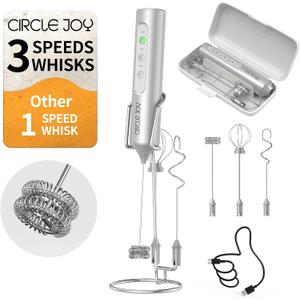 CIRCLE JOY Rechargeable Handheld Milk Frother Wand with Stand, 3 Variable Speeds, 3 Whisks and Storage Box, Electric Drink Mixer for Latte, Cappuccino, Hot Chocolate, Eggs and Protein Powder, Silver