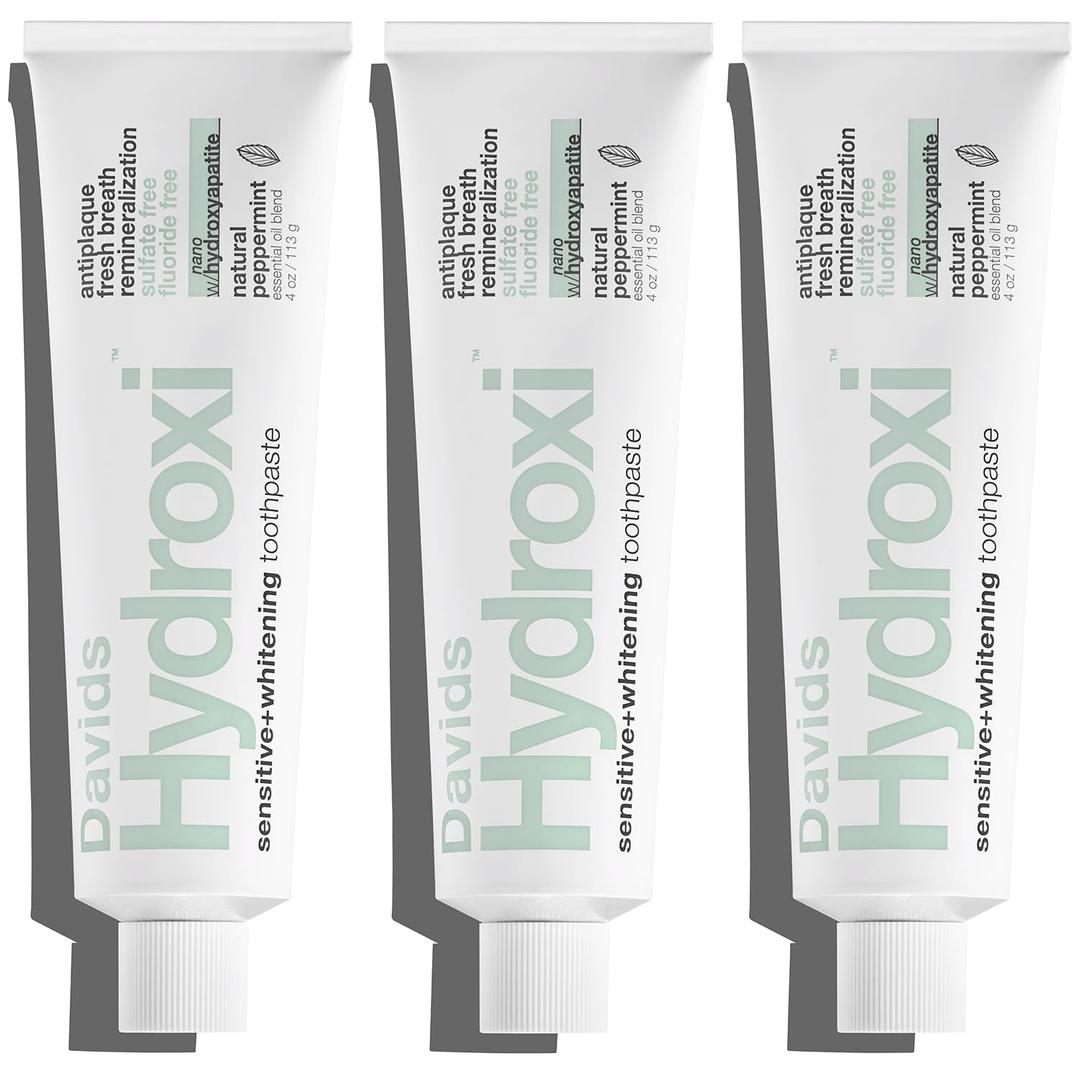 Davids Hydroxi Fluoride Free Nano Hydroxyapatite Toothpaste for Remineralizing, Sensitive Support, Whitening, Antiplaque, SLS Free, Natural Peppermint, 4oz, Made in USA (3 Pack)