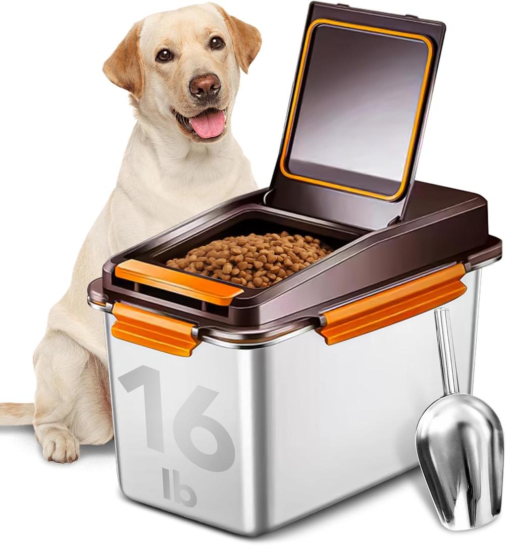 Dog Food Storage Container Stainless Steel with Scoop, 16 LB /11 LB Airtight Pet Metal Food Storage Bin, Cat Food Container for Dry Dog, Cat Food, Bird Seed, Keep Food Fresh, Brown