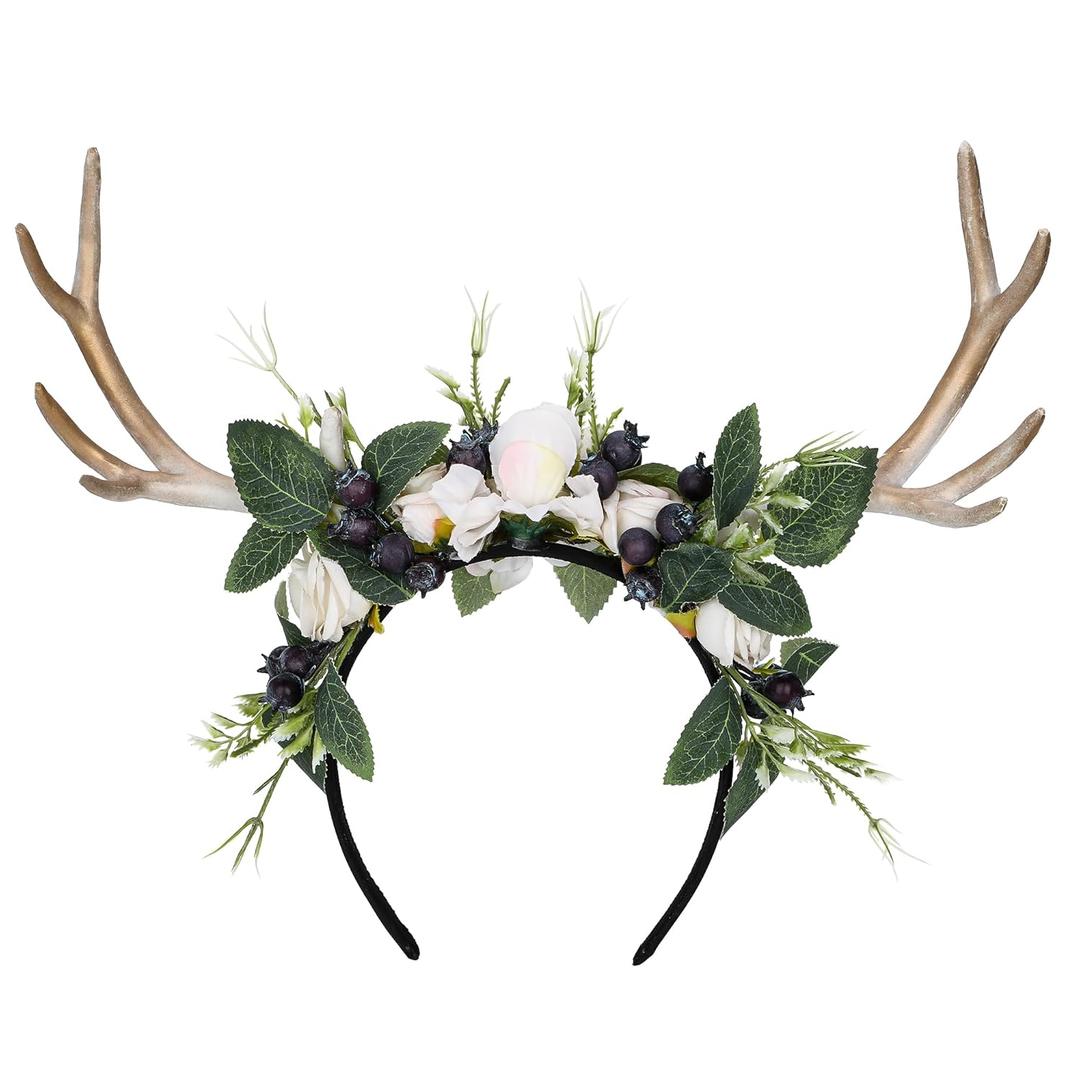 MOSTORY Handmade Deer Horns Headband - Flower Antler Hairband Woodland Reindeer Headpiece with Berries for Prom Renaissance Halloween Cosplay Accessory (White-gold)
