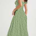 Linsery Women's Puff Sleeve Floral Maxi Dress Elegant Square Neck Cottagecore Boho Split Long Dresses (Large, Green)