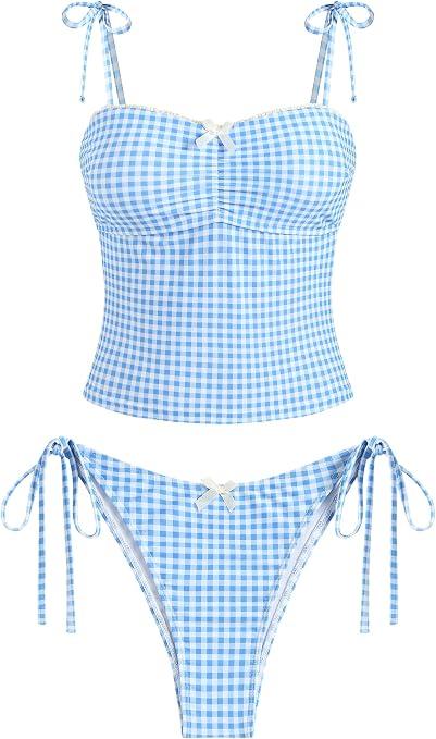 ZAFUL Tankini Swimsuits for Women Mesh Hollow-Out Tank Style Bow Knotted Decor Tie Side High Cut Tankini Set, XLarge