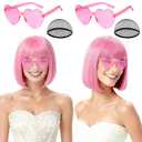 2 Pack Pink Short Bob Wig with Bangs for Women, Girls Neon Bobs Colorful Party Wigs with Heart Sunglasses for Princess Fairy Theme Party Outfit Birthday Cosplay Valentine's Day Daily Fun