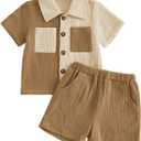 Baby Boys Summer Outfit Color Blocking Button Down Shirts + Shorts Cotton Gauze 2PCS Toddler Clothes Set with Pockets, (Khaki, 6-12 Months)