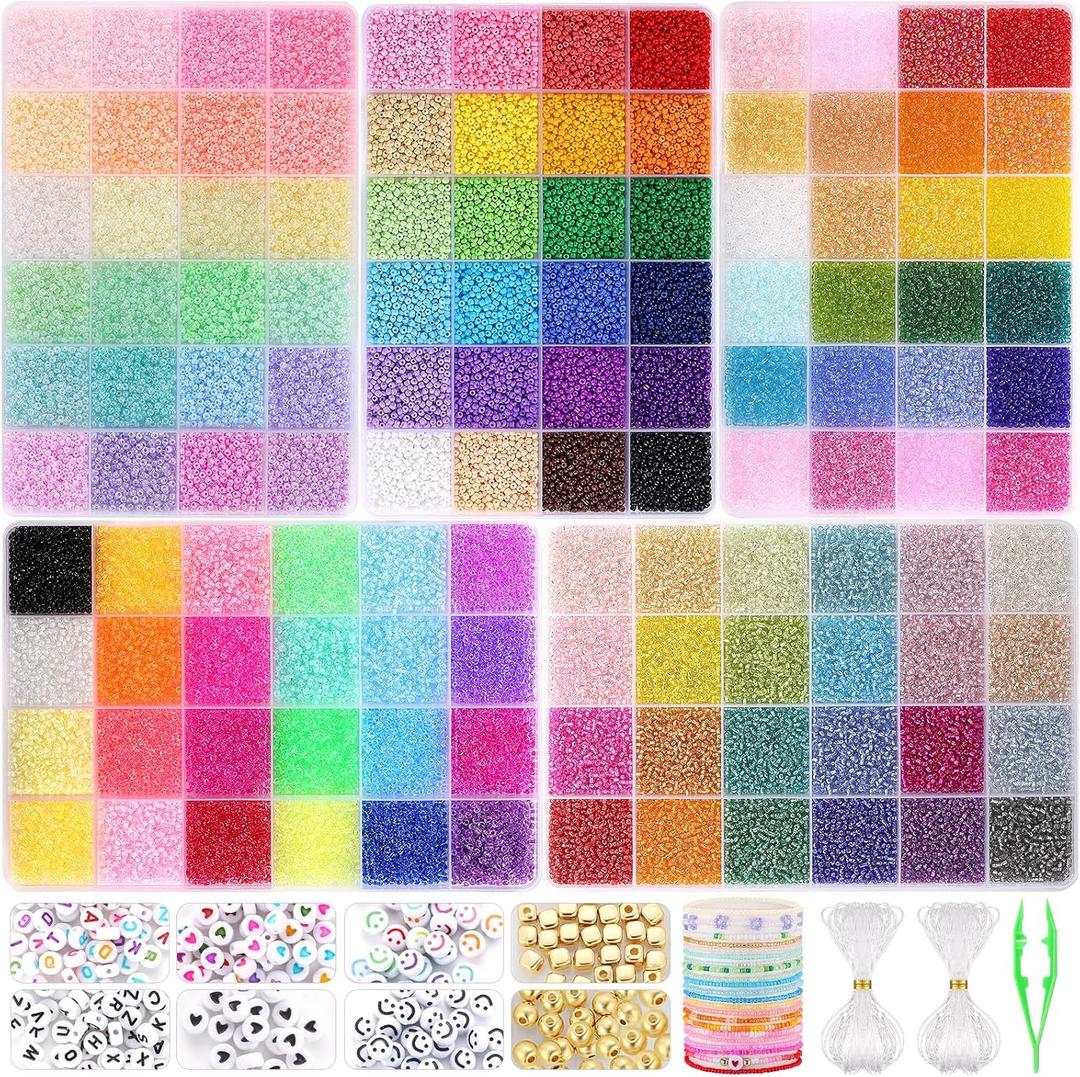 Funtopia 61000pcs 2mm Seed Beads for Jewelry Making, 5 Types 120 Colors Small Glass Beads for Bracelets, Friendship Bracelet Kit with Alphabet Letter Beads, Smile Face Beads for DIY, Art and Craft