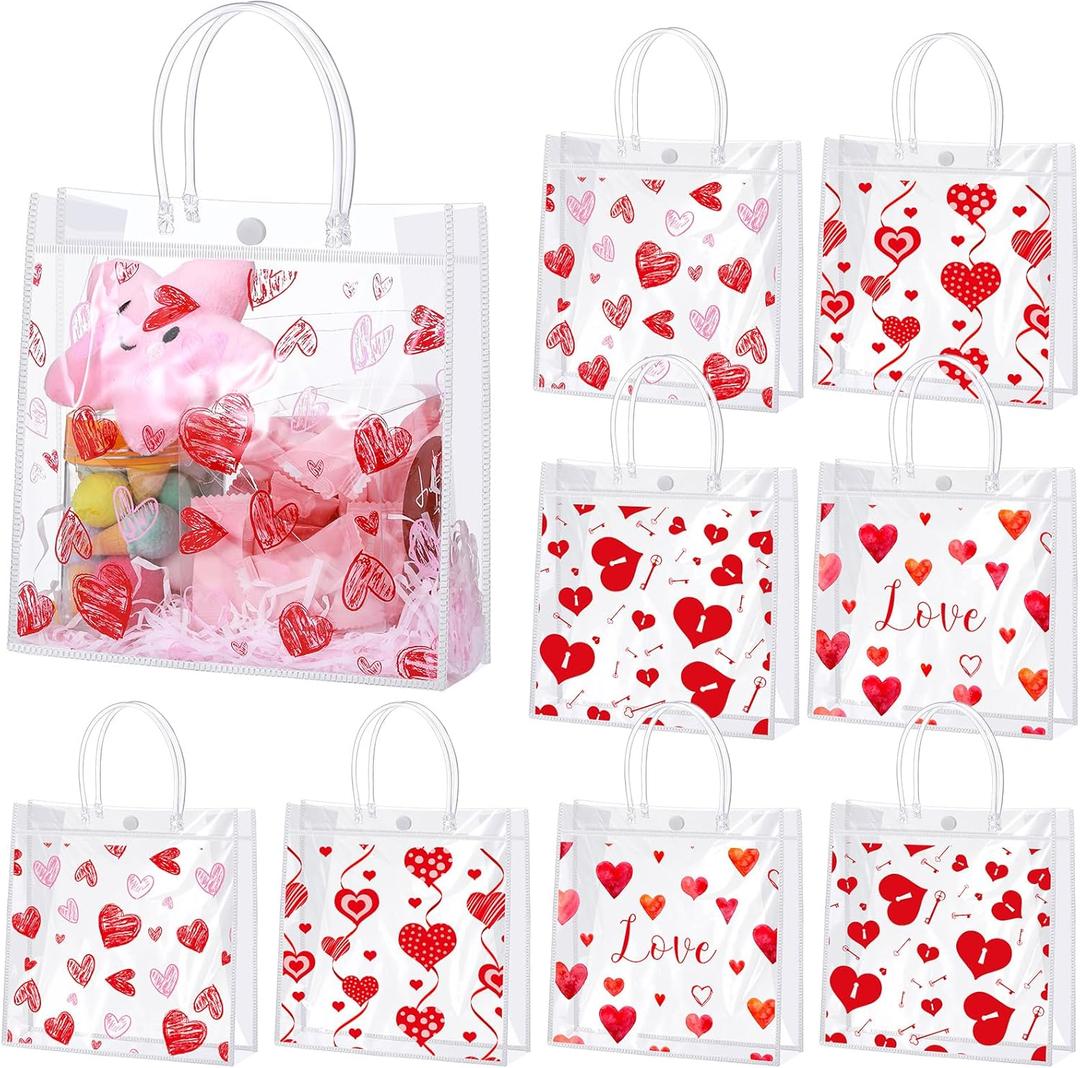 Hosuly 24 Pcs Valentines Clear Gift Bags Reusable Heart PVC Tote Bags with Handles Plastic Valentines Day Candy Treat Goodie Handbags for Wedding Birthday Party Favors Supplies, 7.8 x 7.8 x 3.1 Inch