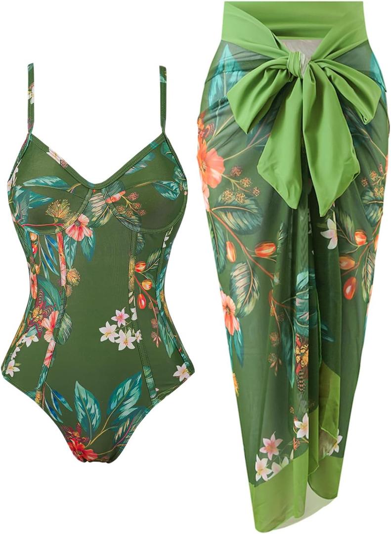 Women's One Piece Swimsuit with Beach Cover Up Retro Floral Print Bathing Suits with Coverup Set Sarong Wrap Swim Suit 1 Piece Swimwear Set with Matching Skirt Dark Green Floral, Size: Large