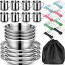 58 Pcs Camping Plates Cups and Bowls Set, Stainless Steel Dishes Mess Kit Utensils Tableware with Spoons Forks Knives Storage Bags for 8 Person Outdoor Camping Backpacking Hiking Travel Picnic