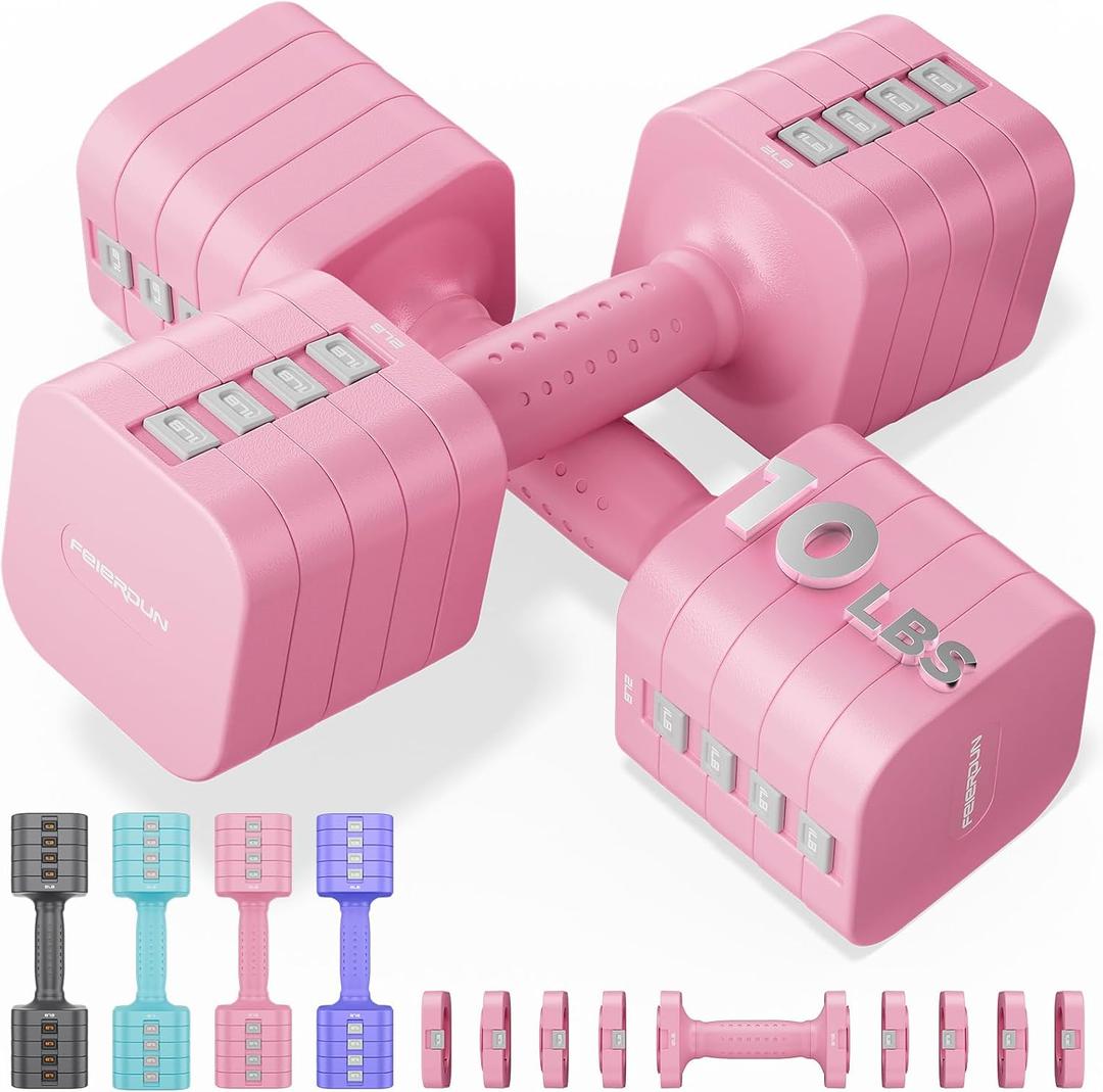 FEIERDUN DB3 5-in-1 Adjustable Dumbbell Set of 2, 12LBS/20LBS Hand Weights for Women, Men, 1s-Adjust Dual-Stable Dumbbell Set for Women Home Gym & Outdoor
