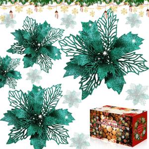 Poinsettia Christmas Decorations Flowers -12Pcs Artificial Poinsettia Christmas Tree Ornaments Glitter for Xmas New Year Wedding Party Wreath DIY Garland Decor (Dark Green)