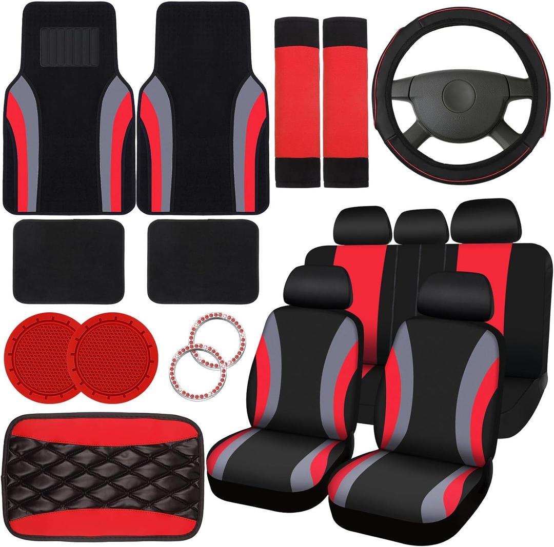 Fabbay 21 Pcs Car Seat Covers Full Set Car Floor Mats Steering Wheel Cover Armrest Seat Belt Pad Seatbelt Cup Mats Emblem Ring Sticker for Sedans Trucks SUV(Black, Red)