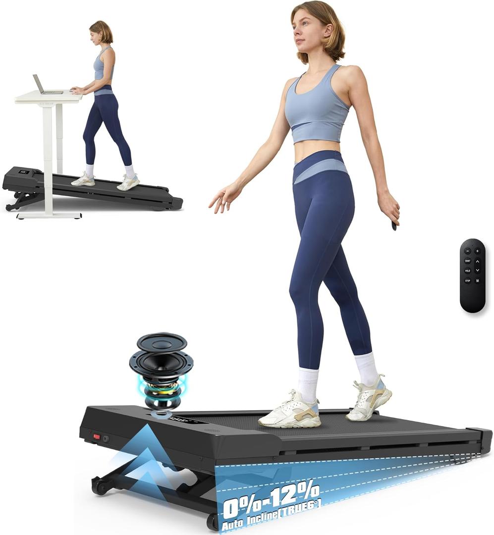 PACEROCKER Walking Pad Treadmill with 12% 9-Level Auto Incline, 450 lbs Capacity Bluetooth Speaker Under Desk Treadmills for Home Hiking, 5 MPH (Black)