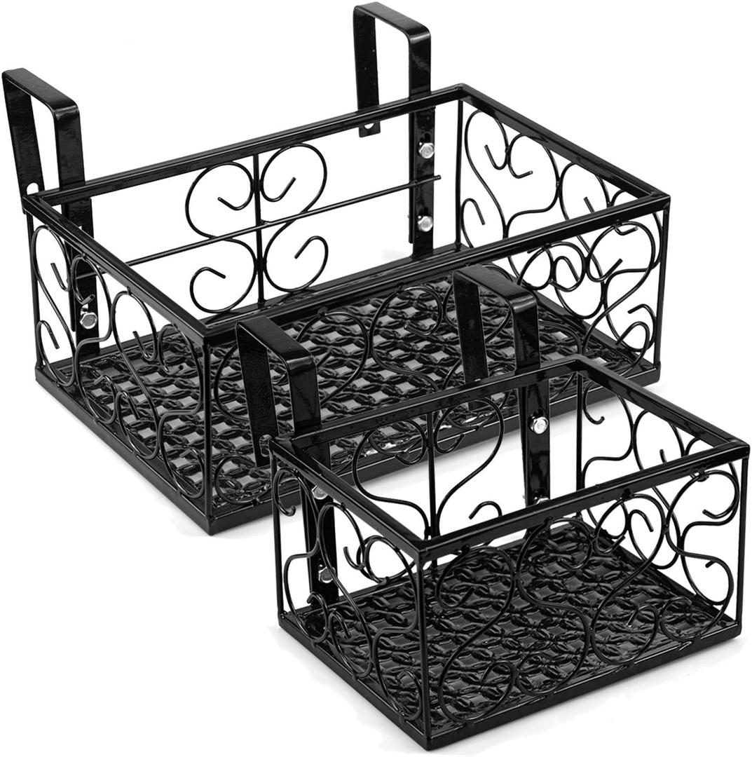 Tosnail Set of 2 Pack Rectangular Metal Railing Plant Stand, Large and Small Flower Pot Holder, Fence Planter Tray for Indoor Outdoor Use - Black