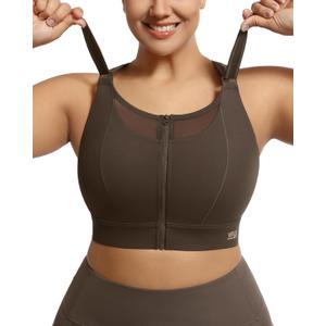 Adjustable High Impact Sports Bra Zip Front Sexy Mesh Racerback Workout No Bounce Compression Bras for Women Plus Size (XX-Large, Sycamore)