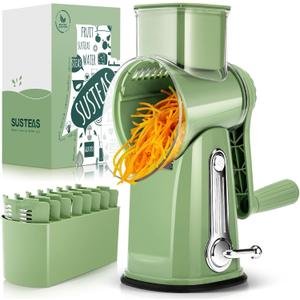 SUSTEAS Rotary Cheese Grater with Handle - Vegetable Shredder with 5 Well-designed Blades & Strong Suction Base, Round Mandoline Slicer & Food Chopper for Kitchen, with Blade Storage Box(Retro Green)