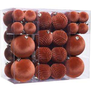 53 Pcs Velvet Christmas Ornaments Set, Brown Flocked Christmas Balls with Christmas Bells Decor and Paper Ornaments, Shatterproof Hanging Xmas Tree Decorations Set for Holiday & Home Decor