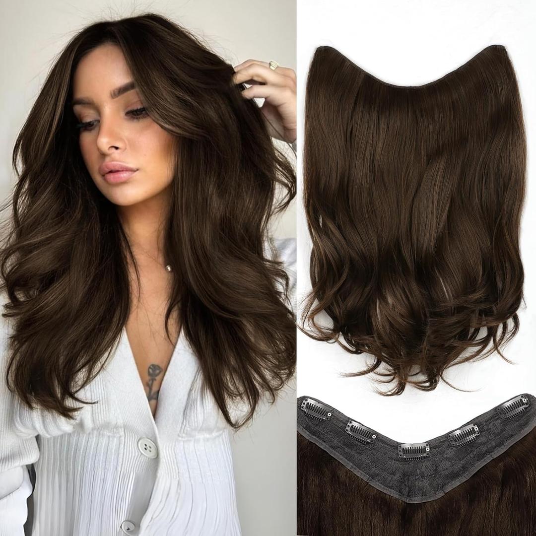 ALXNAN Long Wavy Layered Hair Extensions for Women, Clip in Hair Extensions Clip Ins Soft Full Head Synthetic Hairpieces 16 Inch Chocolate Brown with Dark Brown