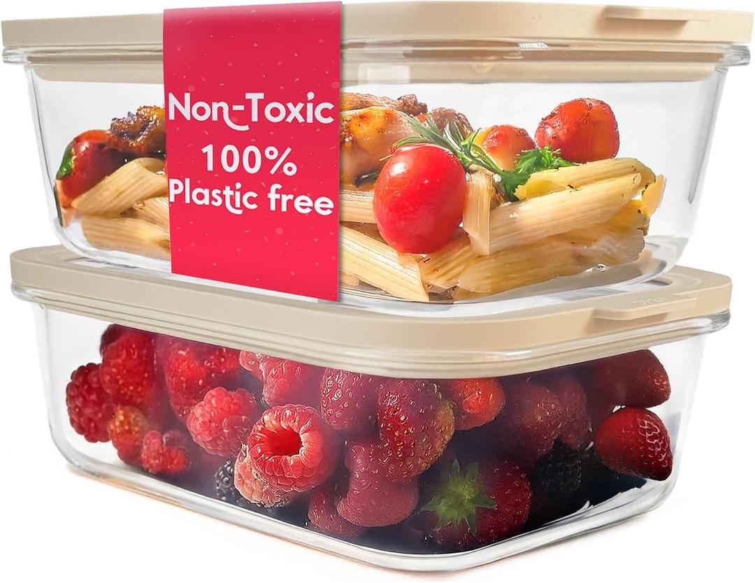 Ziruma Non-Toxic 6.2 Cup Glass Food Storage Containers with Lids, Large Food Containers, Plastic Free Meal Prep, Airtight Food Storage Container, Microwave and Freezer Safe, 2 Pack (50 Oz)