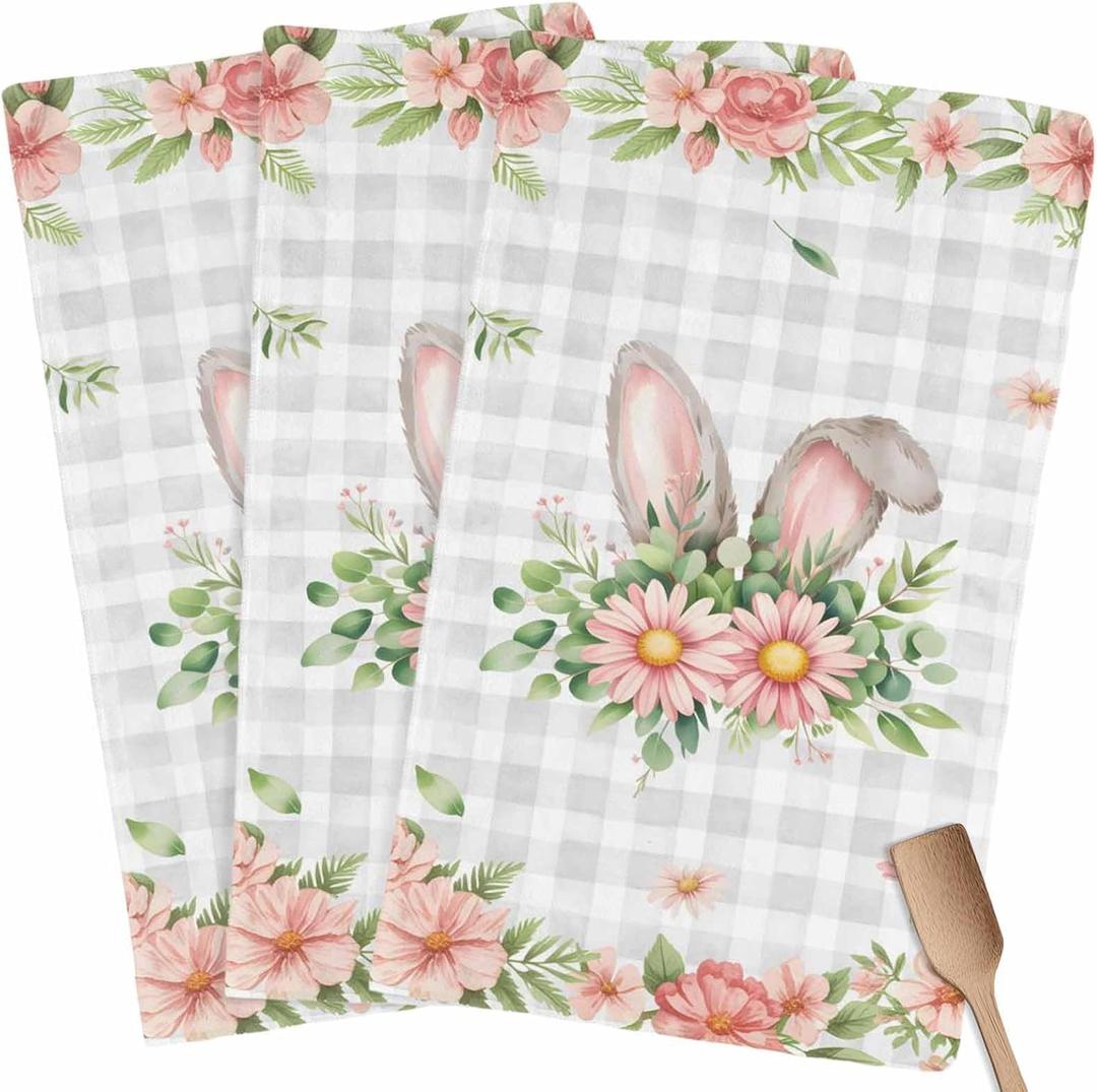 Pink Floral Easter Kitchen Towel Dish Cloths Set of 3, Microfiber Soft Kitchen Hand Towels, Spring Flowers Grey Plaid Pastoral Absorbent Quick Drying Dishcloths 18 x 28 Inches