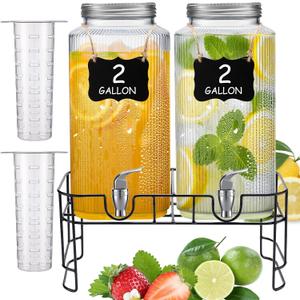 FillTouch 2 Pack 2 Gallon Glass Drink Dispenser Glass Beverage Dispenser with Stand Spigot and Filter Leakproof Water Jar Clear Iced Drink Jug for Parties Juice Lemonade Picnics Fridge