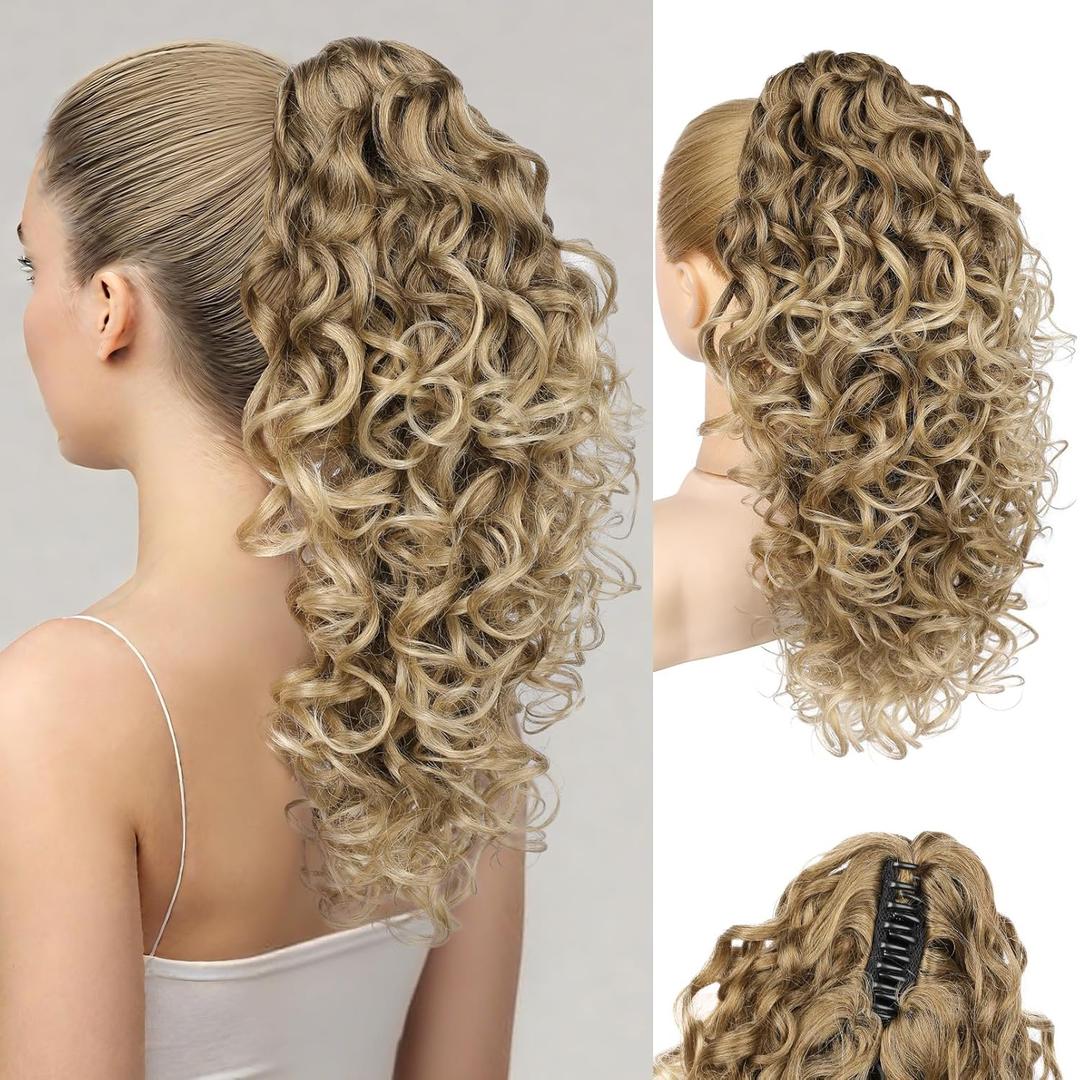 Flufymooz 100 Pure Protein Ponytail Extension, 18 Inch Curly Claw Clip Ponytail Hair Extensions Natural Soft Pony Tail Hairpiece For Women-Dark Blonde
