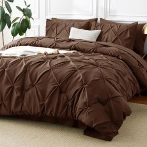 CozyLux King Size Comforter Set Brown, 7 Pieces Pintuck Bed in A Bag Brown Comforter King Size, Pinch Pleat Bedding Set with All Season Comforter, Sheets, Pillowcases & Shams