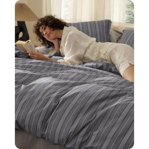 Bedsure Striped Duvet Cover King Size,100% Washed Cotton Duvet Cover Linen Like Textured, Classic Striped Pattern Enhances Bedroom Comfort and Style, Stripes Grey, 104"x90"
