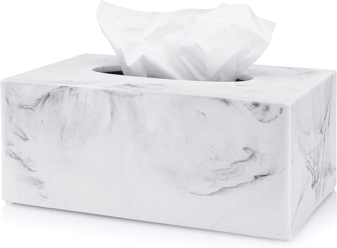Essentra Home Rectangular Tissue Box Cover, White Marble Heavy Facial Tissue Holder Blanc Collection (White)
