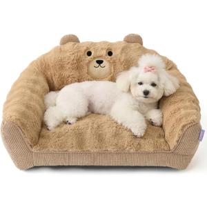 LE SURE Cute Dog Couch Bed, Small Dog Couch with Fluffy Original Bear Design, Cat Couch Bed with Removable Washable Cover, Puppy Bed for Small Pets, 28 inch, Almond