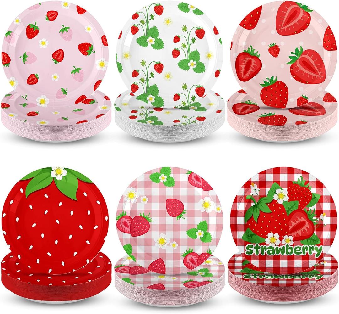60 Pcs Strawberry Paper Plates 7 Inches Fruit Disposable Dinner Round Plates for Strawberry Theme Birthday Party Summer Fruit Party Decoration Supplies