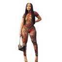 AIBEARTY Women's Printed Sheer Mesh Short Sleeve One Piece Jumpsuit Sexy See Through Backless Bodycon for Party Club (S)