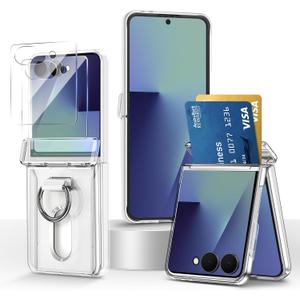 Card Holder Case for Samsung Galaxy Z Flip 7 with Ring and Hinge Protection, 2X Screen Protectors, Slim Wallet Cover Hard PC Anti-Fingerprint Matte Shell for Galaxy Z Flip 7, Transparent
