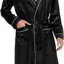 SWOMOG Men's Satin Robe Silky Kimono Bathrobe with Shorts Set Lightweight Soft Loungewear Nightwear (Black, L)