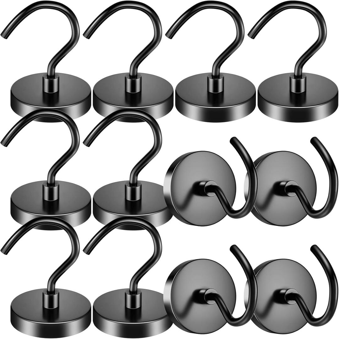 12 Pack Black Magnetic Hooks 110 Lbs Heavy Duty Neodymium Magnet Hook, Strong Magnetic Hooks Magnetic Hanger for Hanging, Rust Proof Magnets with Hooks for Toolbox, Cruise, Grill, Coat and Storage