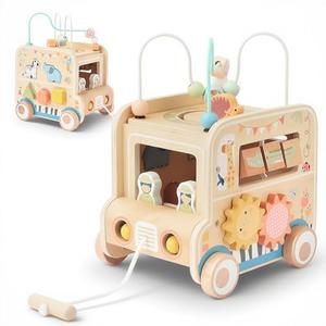 Pithfor Wooden Pull Along Activity Cube Toys, Montessori Toys for 1 2 3 Year Old Baby Toddlers, Baby Activity Cube for 1 Year Old, 1st First Birthday Gift