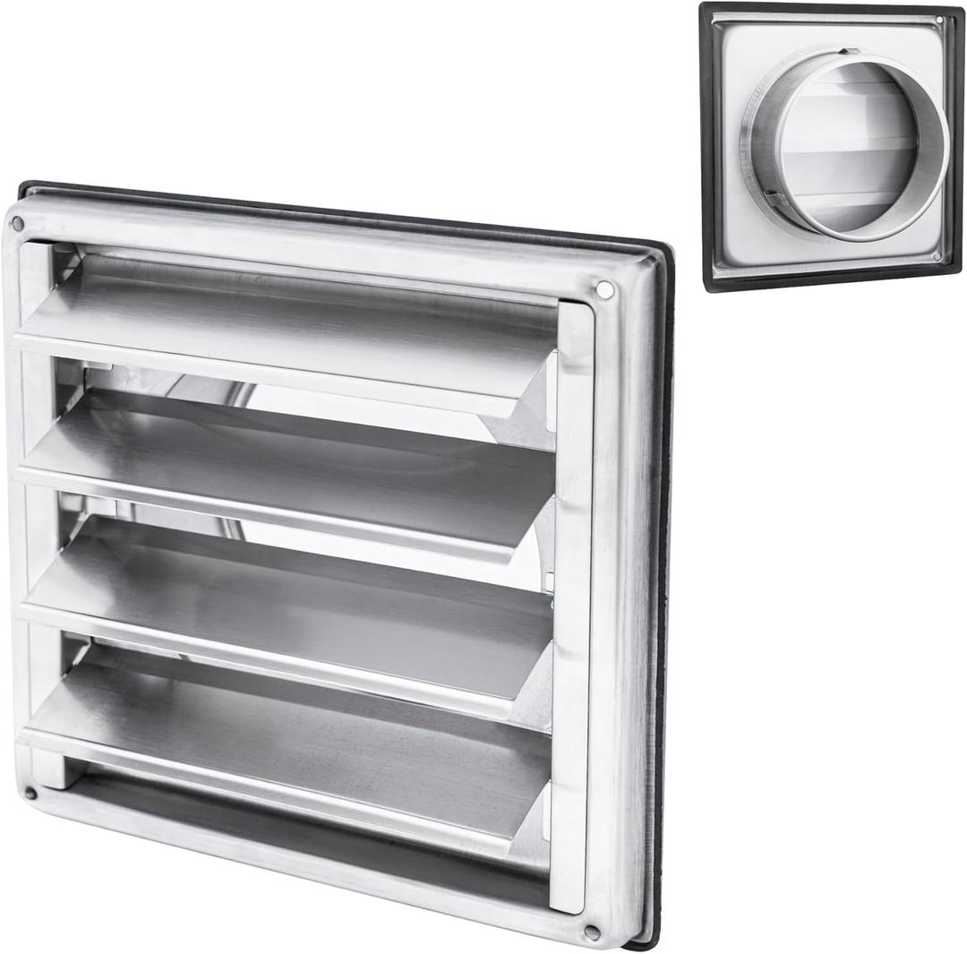 Fits 5" Neck Dryer Duct | Stainless Steel Square Dryer Vent Cover with Moving Lamella - Rubber Seal - Rust-Resistant, Weatherproof and Efficient Airflow Exterior Wall Outlet Duct Ventilation Grille