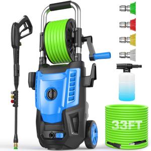 4800 PSI Pressure Cleaner- 4.0 GPM High Power Cleaner with 33FT Hose Reel, 4 Spray Tips and Soap Bottle for Car Washing, Fence Cleaning, Patio Maintenance（Upgraded）(Light Blue)