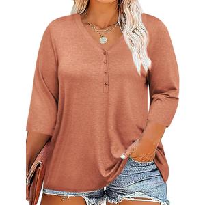 ZDC Women's Plus Size Tops 3/4 Sleeve V Neck T Shirts Button Down Basic Tunic (Orange, XL)