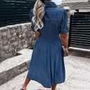 Women Denim Shirt Dress V Neck Short Sleeve Long Bottom Down A-Line Jeans Dresses with Pockets (Blue, L)