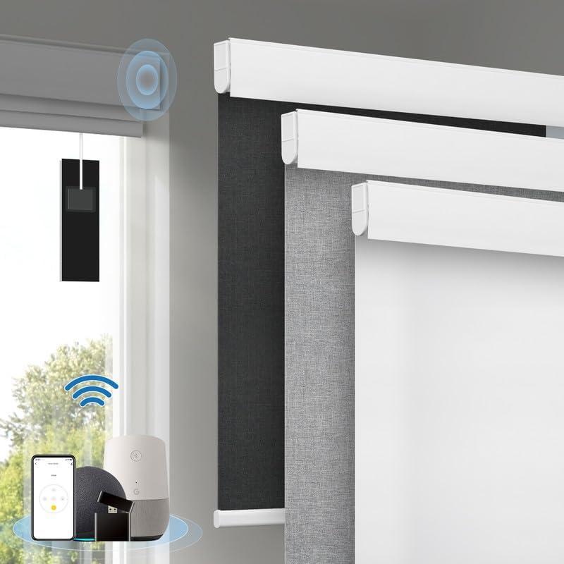 Motorized Blinds with Remote, [Free Solar Panels] Cordless Smart Blinds with Valance Cover, Blackout Electric Blinds with Remote Control, Automatic Roller Shades for Windows White 42" W x 72" H