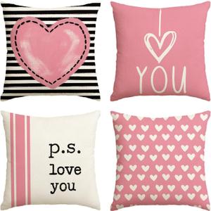 AVOIN colorlife Valentine's Day I Love You Throw Pillow Covers, 20 x 20 Inch Pink Valentine Heart Stripes p.s. Love You Wedding Cushion Case Decoration for Sofa Couch Set of 4