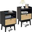 Lomojo Rattan Nightstand Set of 2, Bedside Table with Charging Station, Modern Night Stand,Wood Boho Side Table,Mid Century Small End Table with Drawer for Bedroom (black2)