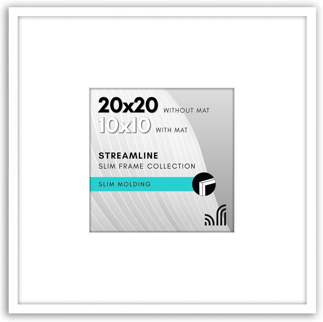 Americanflat 20x20 Picture Frame with Polished Plexiglass - Use as 10x10 Frame with Mat or Display 20x20 Photo Without Mat - Streamline Collection - Thin Frames for Wall Display , White