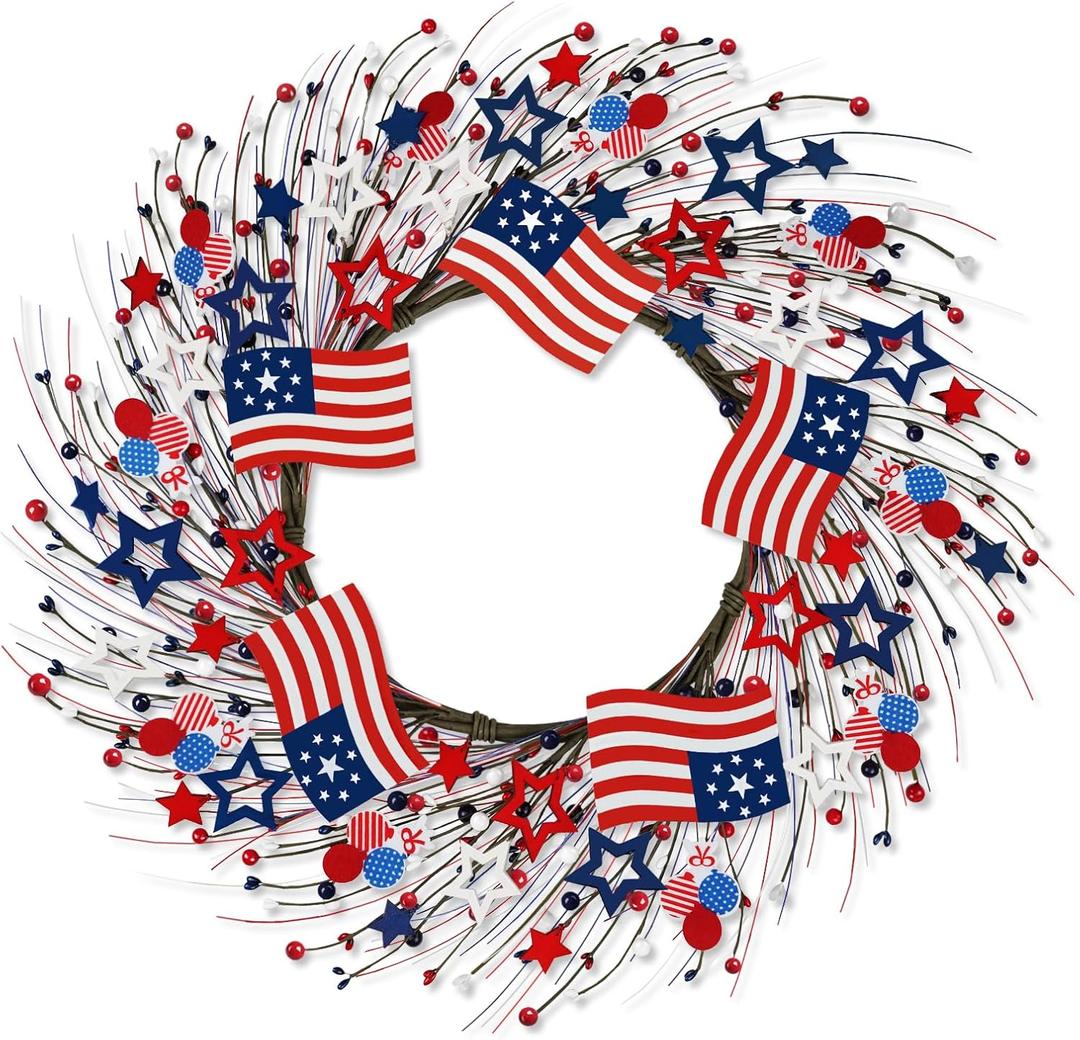 4th of July Independence Day Red White Blue Berry Wreath with Flag, ZOXILEN 20 inch American Flag Stars Wreath Patriotic Decoration, Memorial Veterans Day Berry Hanging Decor