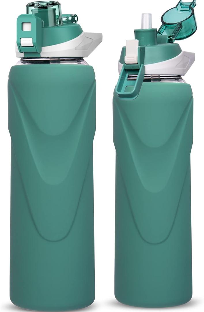 32 oz Sports Glass Water Bottle with Straw & Silicone Sleeve Reusable BPA-free Borosilicate Glass Drinking Bottle with Flip Top Lid & Handle Wide Mouth (Deep Green)