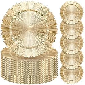 Mifoci 50 Pcs Gold Charger Plates Bulk 13 Inch Plastic Round Chargers Fluted Edge Dinner Plate Wedding Decoration for Table Setting Wedding Party Event Tabletop(Light Gold)