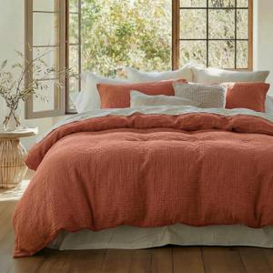 Bedsure 100% Muslin Cotton Duvet Cover Queen Size - Ultra-Soft Gauze Duvet Cover, PureWoven Breathable & Lightweight Bedding Set with Button Closure and Corner Ties (Terracotta, Queen, 90"x90") (06 - Muslin - Terracotta (No Comforter))