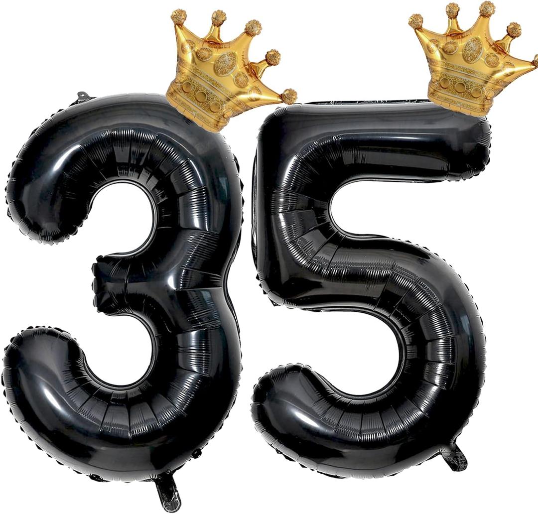 40 inch Large Black 35 Balloon Number with Gold Crown Balloons 35th Birthday Big Foil Mylar Helium Balloon for Boys Girls 35th Birthday Anniversary Decorations Supplies Favors Number 35 Balloons