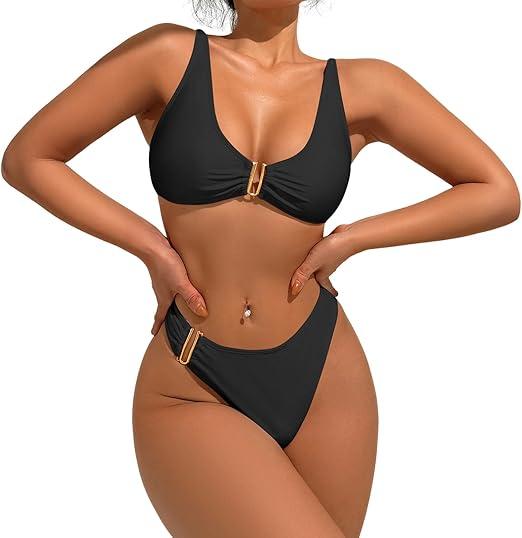 Fanuerg Women's Halter V Neck Bikini Sets Ring Linked Two Piece Swimsuit Cheeky Swim Bathing Suit 2025, Only Top (Black, 2XL)
